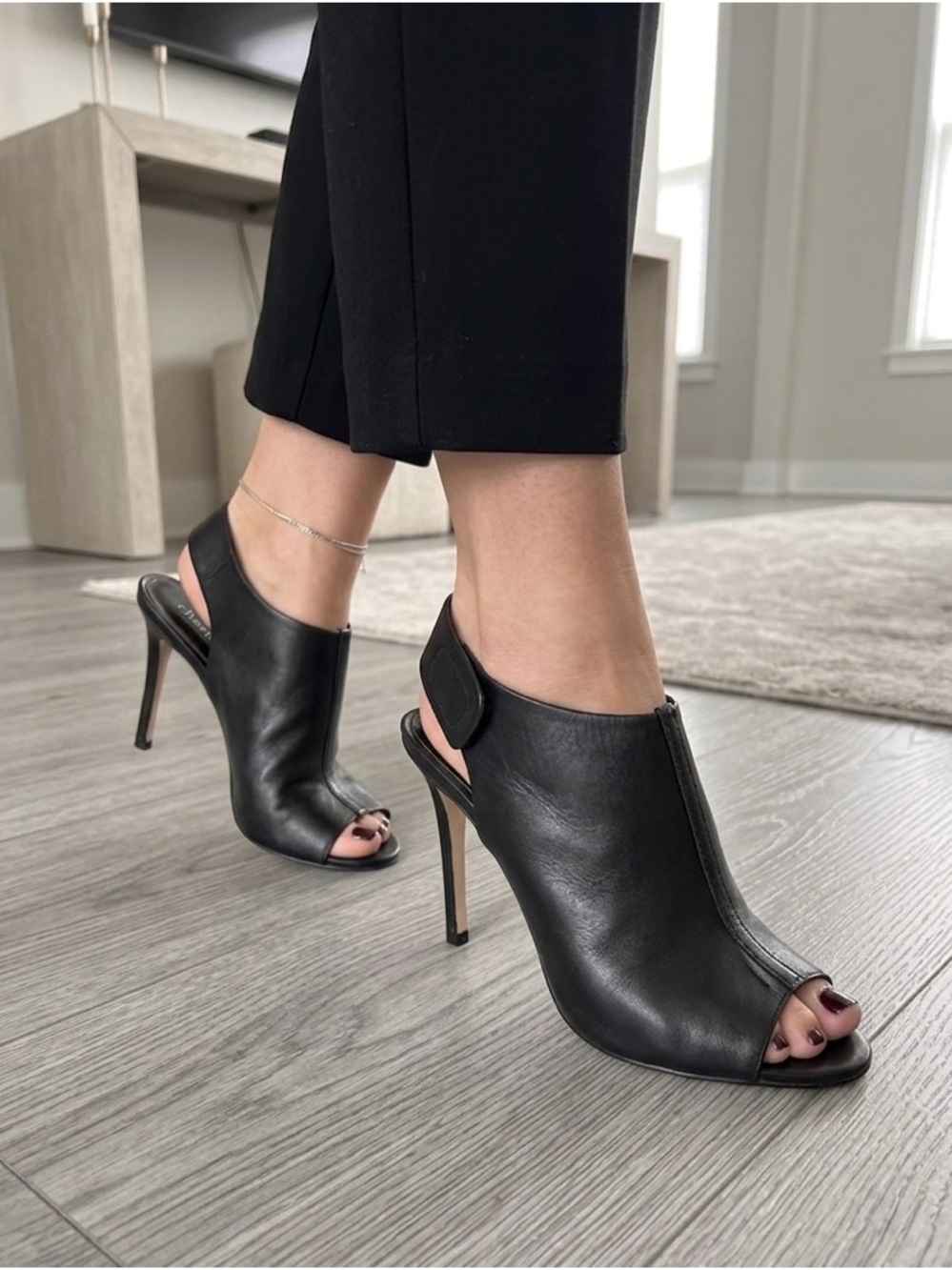 Black Leather Peep-Toe Slingback Heels - Women's